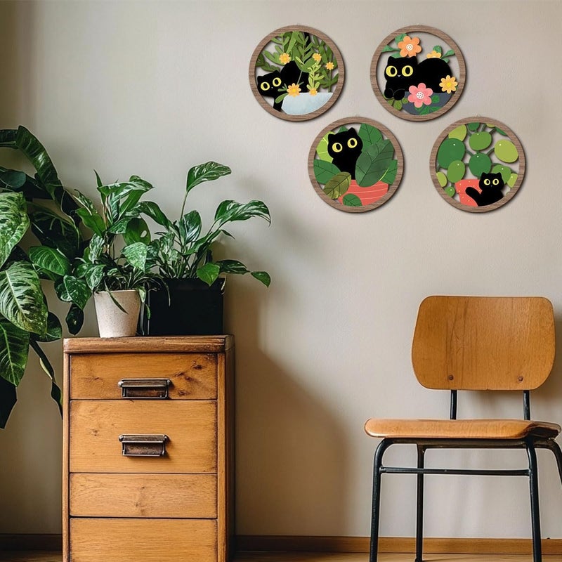 XFN 4PCs 3D Cat Hanging Wooden Wall Art Plant Kitten Wall Decor, Botanical Wall Decor, Cat Lover Gifts, Floral Leaves Cat Wooden Sign Wood Art Wood Plaque Home Decor for Living Room Bedroom Farmhouse - Image 4